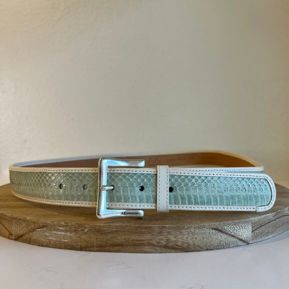 Anne Klein 90s Blue Snake Skin Genuine Leather Chunky Silver Buckle Belt Size XL - Picture 1 of 9